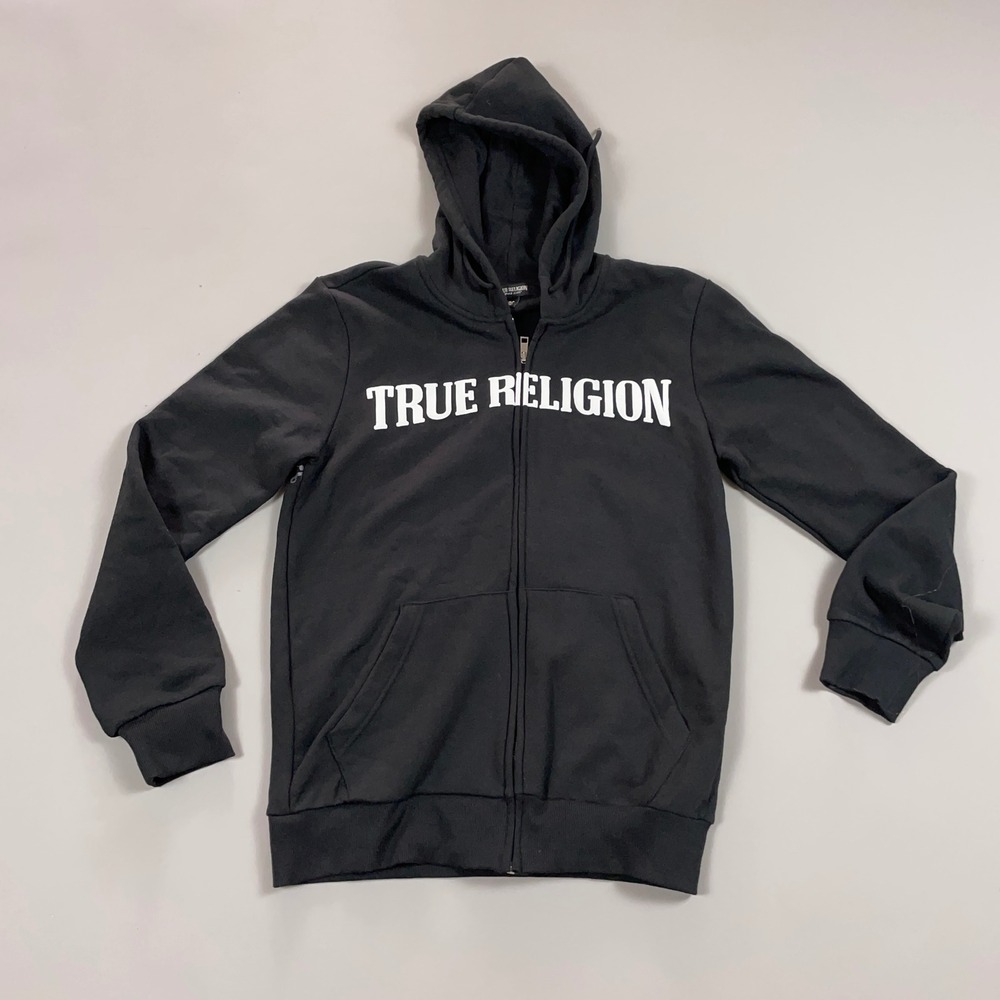 True Religion Mens Black Graphic Logo Full Zip Hoodie Buddha Sweatshirt Small